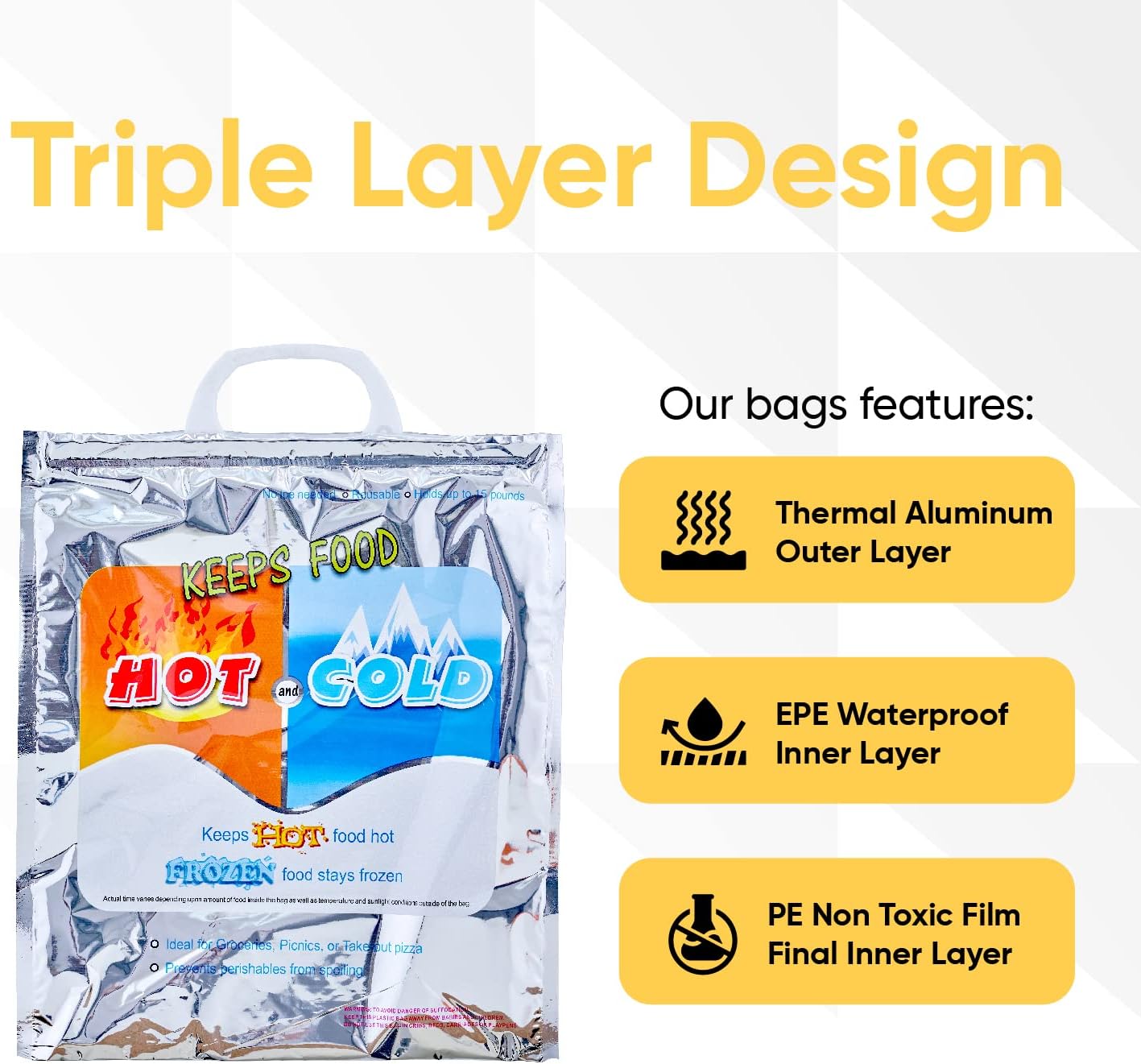 Superio Hot and Cold Insulated Bags for Food Delivery, Grocery Shopping Bags, Food Storage for Hot and Frozen Food for Travel, Disposable Cooler Bag, Reinforced Thermal Lunch Bag (1, 16"x5.5"x19")