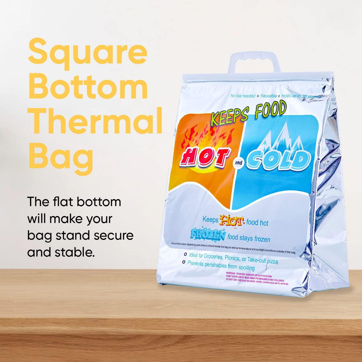 Superio Hot and Cold Insulated Bags for Food Delivery, Grocery Shopping Bags, Food Storage for Hot and Frozen Food for Travel, Disposable Cooler Bag, Reinforced Thermal Lunch Bag (10, 13"x7"x15.5")