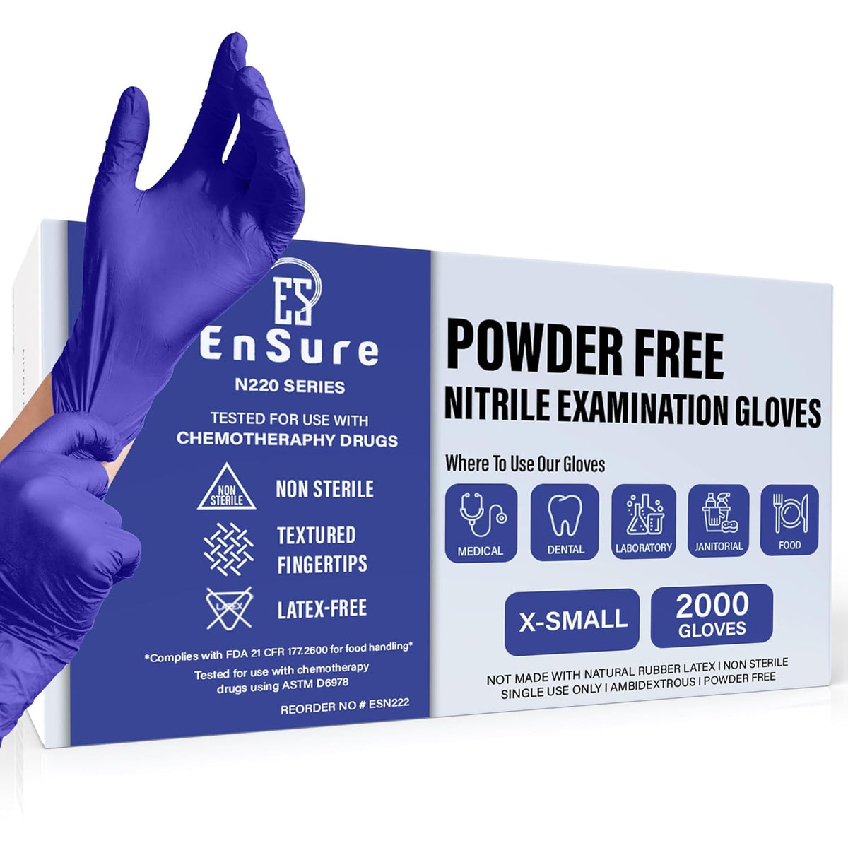 EnSure Nitrile Exam Gloves, Powder-Free, Latex-Free, Chemo Rated, Non-Sterile, Light Duty, Textured Tips, Medical, Surgical, Food Safe, Cleaning, Dental, Lab Use - 3 Mil (X-Small, 2000 Count)