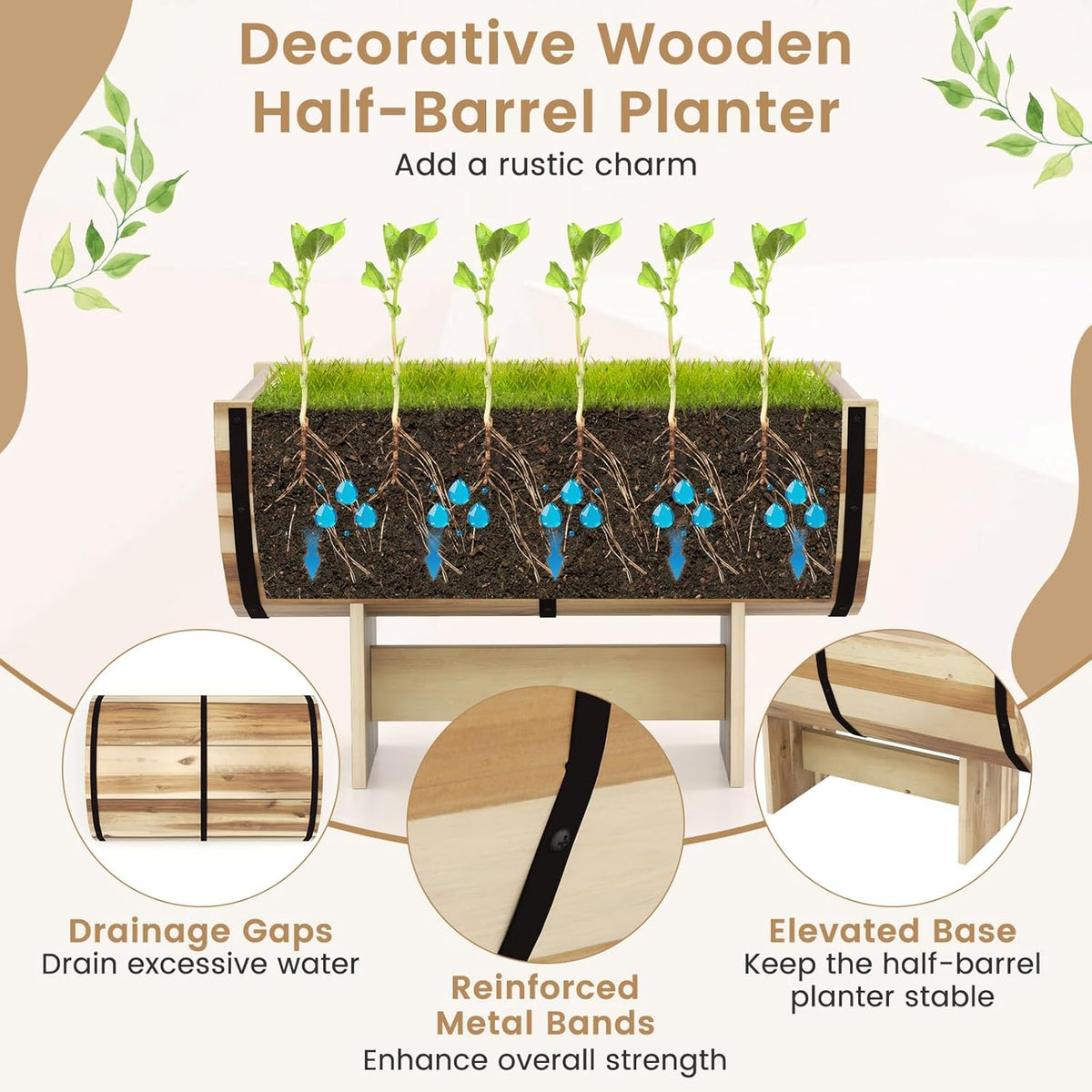 HAPPYGRILL Wooden Plant Pots, Solid Acacia Wood Half-Barrel Planting Flower Pot w/Legs, Drainage for Flower Vegetable Fruit, Outdoor Elevated Garden Bed, Decorative Planters for Indoor Plants (2)