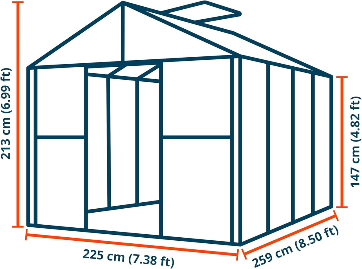 Greenhouse Topas 4 Aluminum Frame 7.4 x 8.5 ft Approx. 8 mm Polycarbonate Panels - with Bonus Base Frame and Automatic Vent Opener