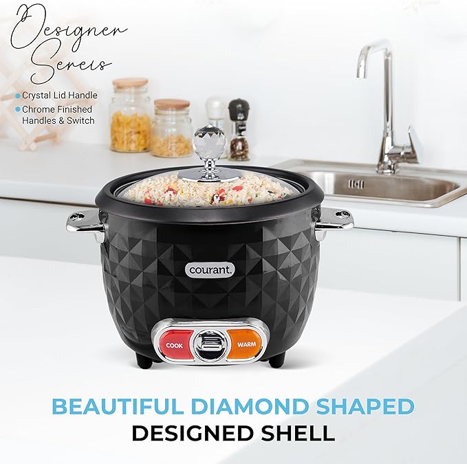 Courant 10-Cup (Cooked) / 5-Cup Uncooked Rice Cooker and Steamer with One-Touch Operation, Automatic Keep Warm Function, and Chrome Accents, Black