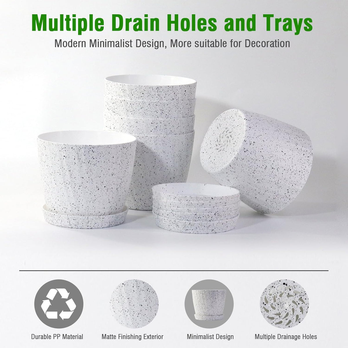 6 Inch Plant Pots Bulk, 6 Pack Plastic Planters with Drainage Holes and Saucers for Indoor Outdoor House Plants and Flowers,White Spots