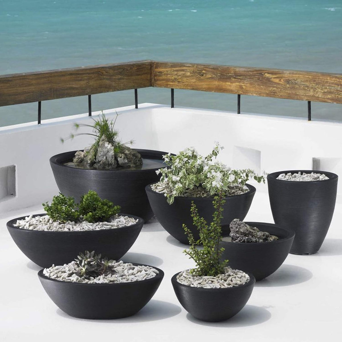 Crescent Garden Delano Bowl Planter, Indoor Outdoor Round Shallow Plant Pot for Water Garden, Bonsai Plant Pots, Succulents with Drain Hole - Double Walled Bowl Lotus Pot, 16" W (Midnight)