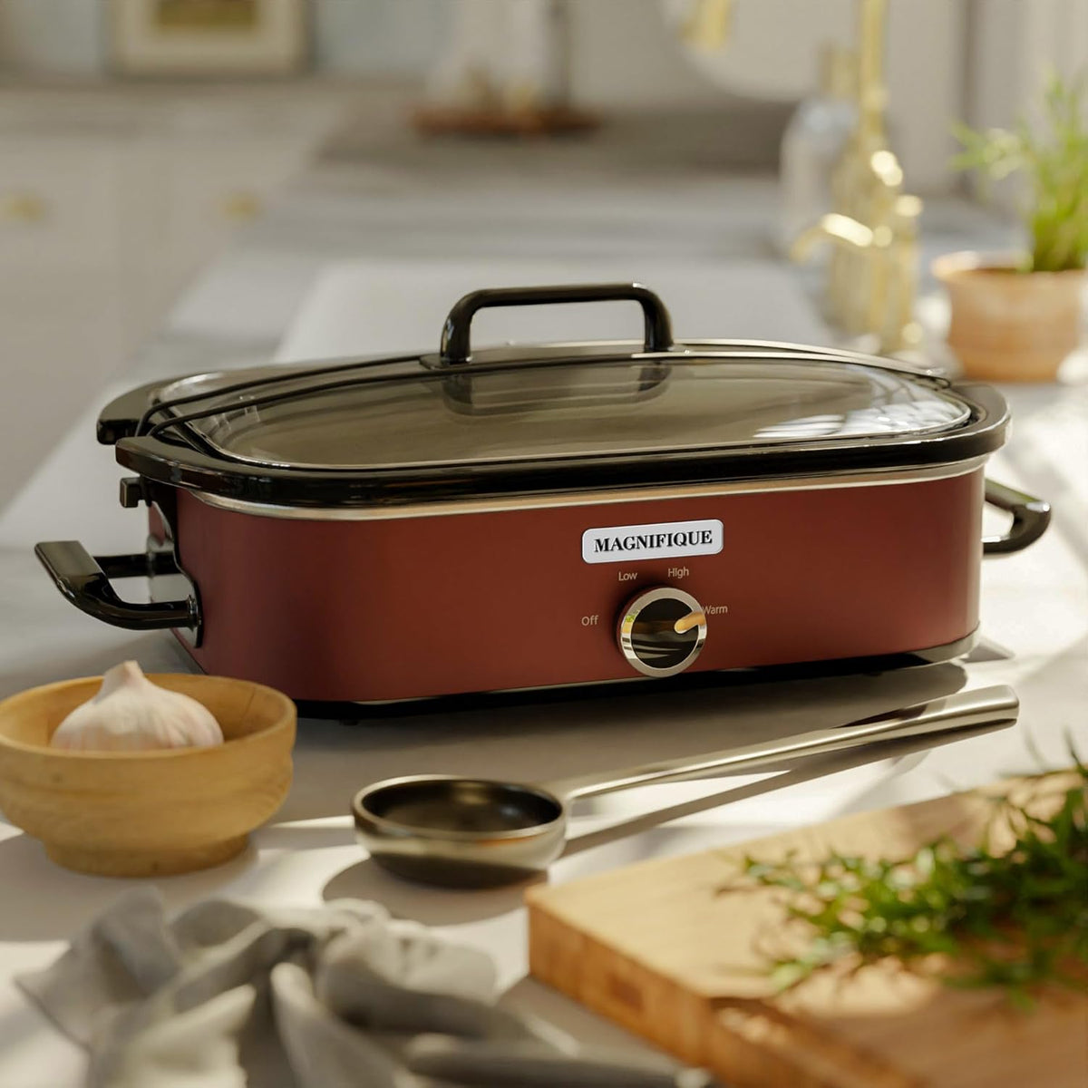 [NEW] MAGNIFIQUE 4-Quart Slow Cooker with Casserole Manual Warm Setting - Perfect Kitchen Small Appliance for Family Dinners, Dishwasher Safe Crock, Red