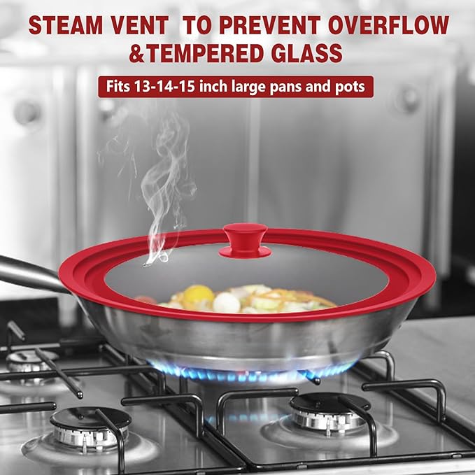 13-14-15 in Universal Lid for Oversized Pots, Pans and Skillets, Extra Large Pot Lid Tempered Glass Lid with Heat-Resistant Silicone Edge, Cookware Lids, Replacement Frying Pan Cover
