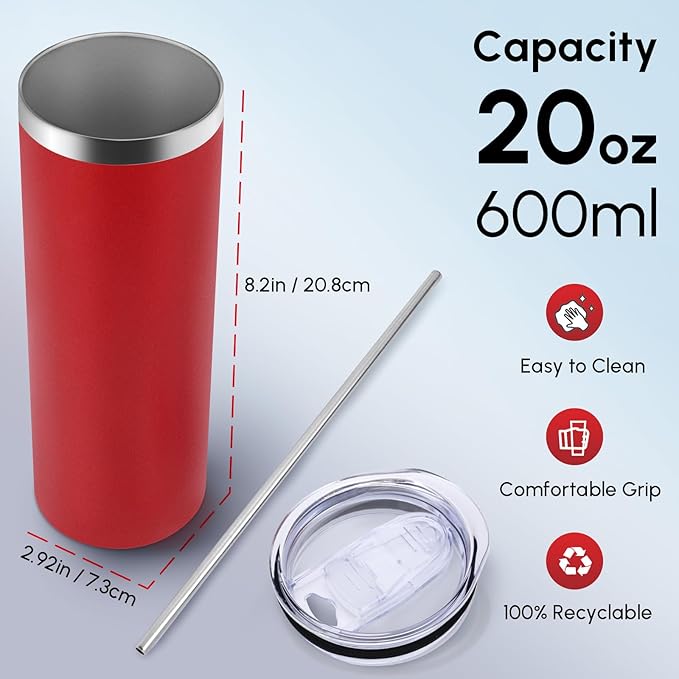 Volhoply 12 Pack Skinny Tumblers with Lid and Straw, 20oz Stainless Steel Straight Tumbler Bulk, Vacuum Insulated Coffee Mug for Home, Office, Travel, DIY (Red,12 Pack)