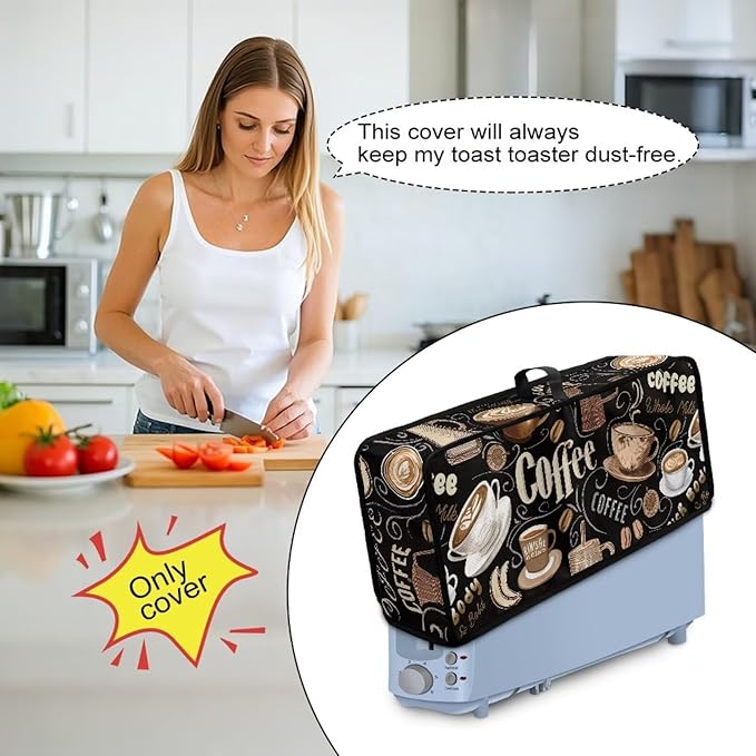 Toaster Cover 2 Slice Black Coffee Theme Cover for 2 Slice Slim Toaster Easy to Fold and Carry Small Appliance Covers, Dustproof & Water-Resistant, Easy to Clean
