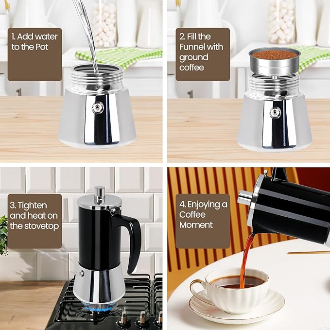 6 Cup Thickened Moka Pot 304 Stainless Steel 300ml Italian Espresso Coffee Maker Stovetop CoffeeMakers Mocha Pot Percolator for Induction Stove Classic Cafe Makers Portable for Easy Brewing