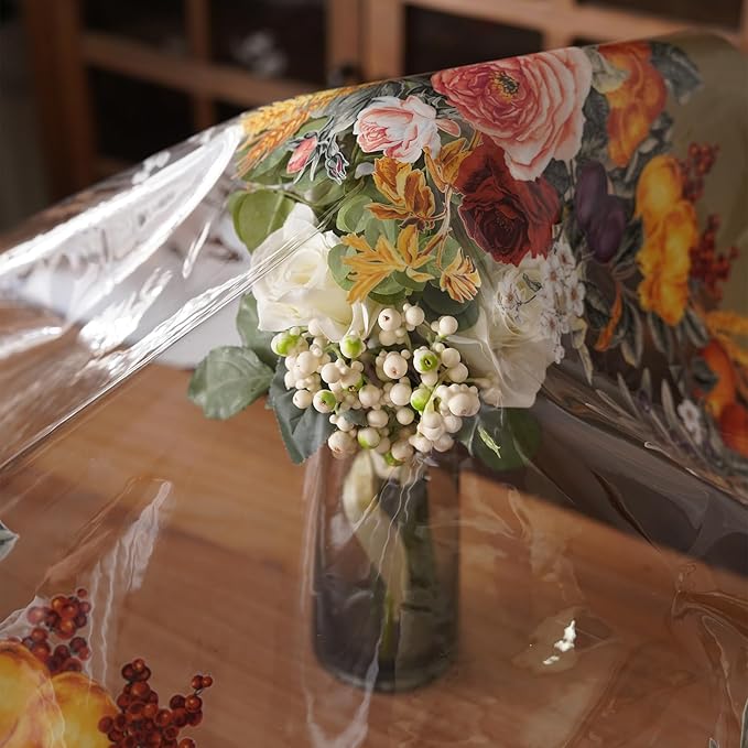 Clear Table Cover Protector Vinyl PVC Rectangle Table Cloth with Floral Fruit Pattern Oil Spill Proof Plastic Tablecloths for Dining Tables Parties Holidays (Floral Fruit, 55 x 84 Inches)