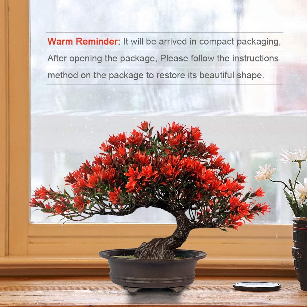 Fake Plants Plastic Artificial Bonsai Tree, Red Bonsai Tree for Home Bedroom Office Desk Farmhouse Room Decor, Tall 9.5"