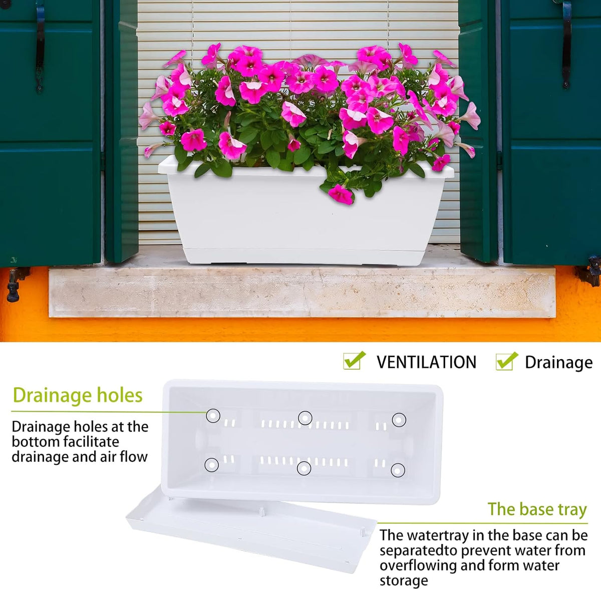 Window Box Planter, 7 Pack Plastic Vegetable Flower Planters Boxes 17 Inches Rectangular Flower Pots with Saucers for Indoor Outdoor Garden, Patio, Home Decor (White)