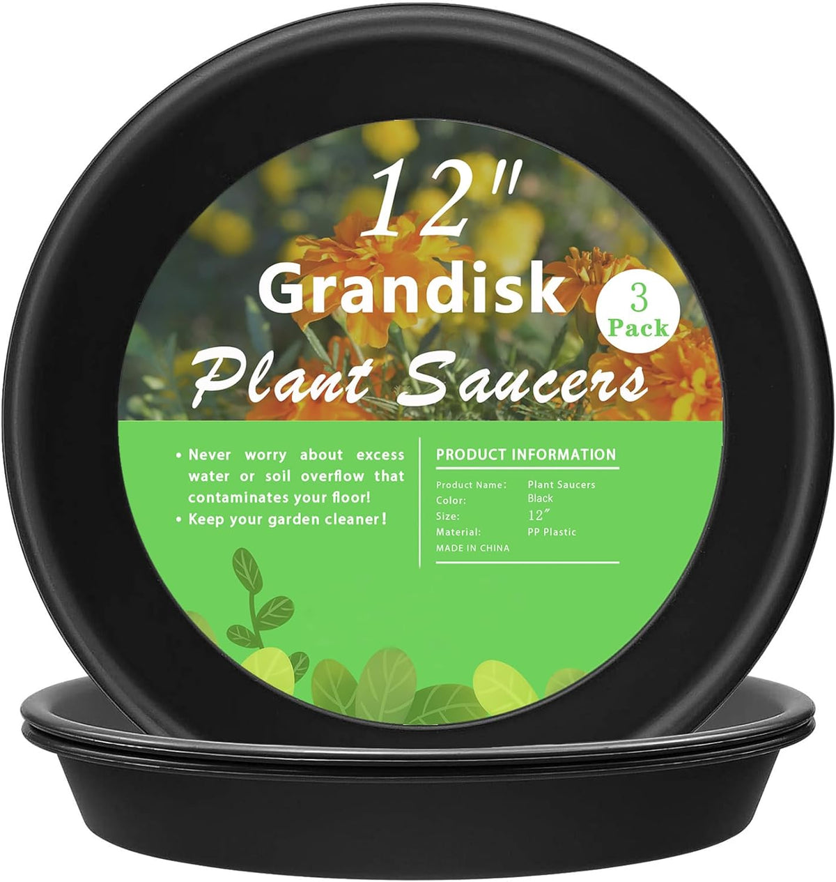 3 Pack Plant Saucer Heavy Duty Sturdy Drip Trays for Indoor and Outdoor (12 Inch, Black)