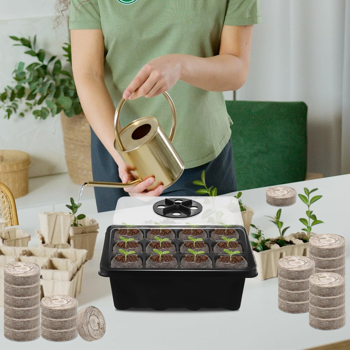 Halatool 4 Pack Seed Starter Tray with 50 PCS Peat Pellets, 48 Cells Black Seeding Starter Trays for Organic Seed Starter Soil Pods for Planting Vegetables Plants Flowers - Starting Seeds Kit