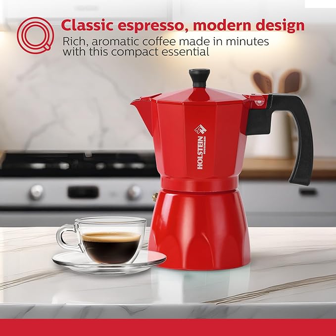 Holstein Housewares - 6 Cup Aluminum Stovetop Espresso Maker and Moka Pot - Great Tasting Traditional Espresso Coffee, Italian and Cuban Café Brewing in Minutes, Red
