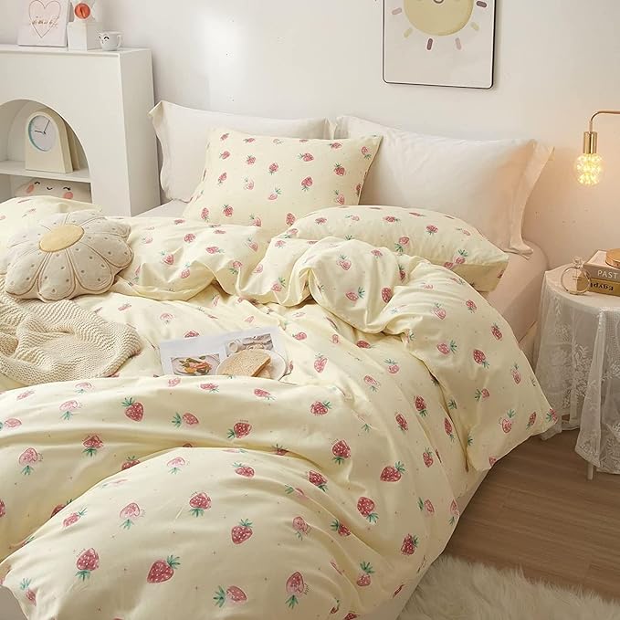 Cute Strawberry Comforter Set Full Size Girls Teens Kawaii Bedding Set Full Fruit Strawberry Comforter with 2 Pillowcases Fluffy Comfy All Seasons Bedding Full Size Comforter Set for Kids Boys Toddler
