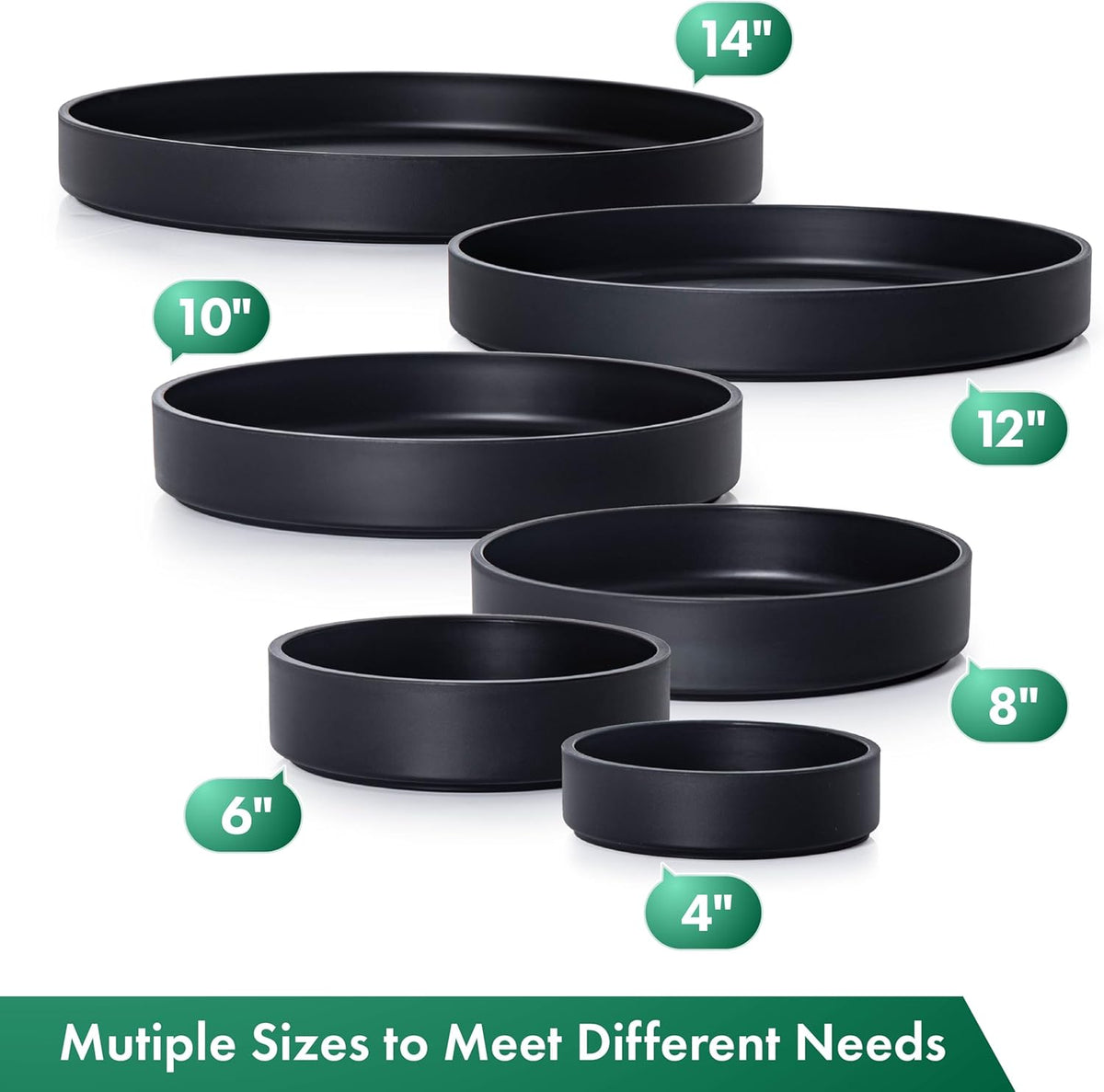Phoenix Vine 6 Inch Plastic Plant Saucer Water Drip Tray, Heavy Sturdy Round Plant Drainage Tray for Indoors Outdoor, Set of 4, Matte Black, 21-TY-6B-4
