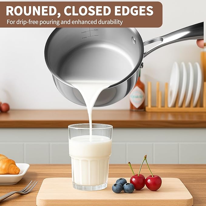 EWFEN 3 Ply Stainless Steel Saucepan with Lid, 3 Quart Multipurpose Cooking Pot, Stay-Cool Handle, Induction Oven Dishwasher Safe, 3 QT