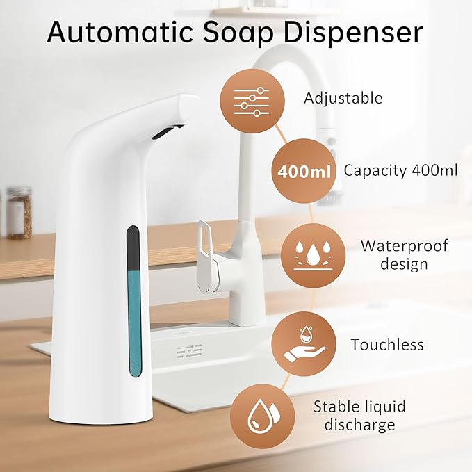 Automatic Soap Dispenser Touchless,400ML Hand & Dish Countertop Electric Liquid Dispenser with Sensor,Modern 4 Gear Adjustable Waterproof Battery Operated Kitchen Auto Soap Pump