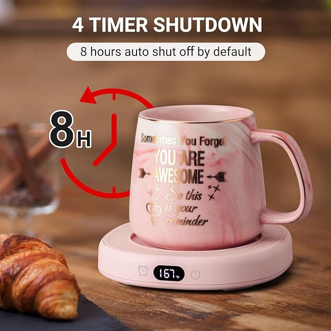 Coffee Mug Warmer & You are Awesome Mug Set, Electric Cup Warmer for Desk, Beverage Warmer with 4 Temperature Setting, 8-Hours Auto Shut Off