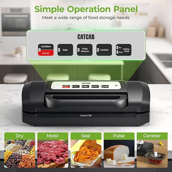 Vacuum Sealer for Food, 90kpa Powerful Food Sealer Vacuum Sealer Machine for Food Saver, 7-in-1 Multiple Modes for Dry/Moist, Easy-Lock Handle, Compact Design with 10 Vacuum Bags, Bag Cutter Included