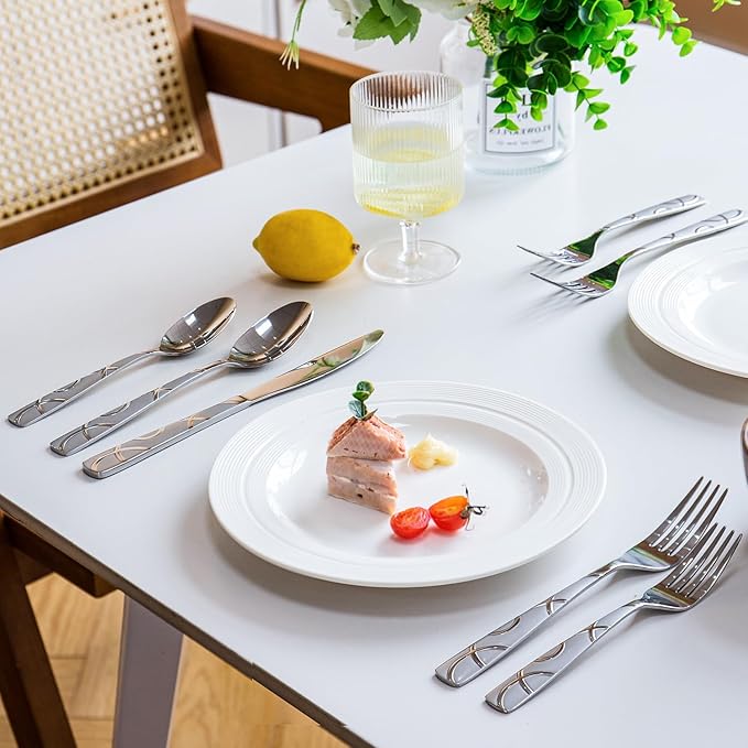 HIKAA 48PCS Stainless Steel Silverware Set with Steak Knives, Modern Flatware Set for Kitchen, Mirror Polished Cutlery Set with Forks, Spoons and Knives，Dishwasher Safe