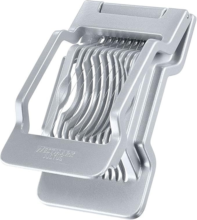 Westmark Egg Slicer Justus for Hard Boiled Eggs with Individually Tensioned Stainless Steel Wire Cutters, German Heavy Duty Aluminium Slicer for Round & Oval Eggs, Dishwasher Safe, Grey