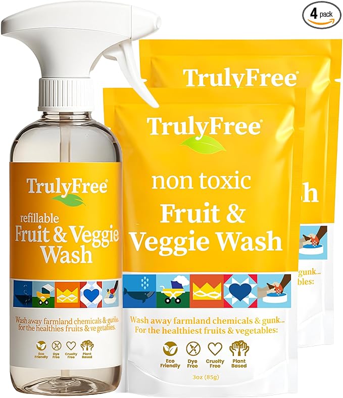 Truly Free Fruit and Vegetable Wash - Veggie Wash Removes 99% of Dirt & Wax | Plant-Based Produce Cleaner Spray | No Aftertaste, Refillable, Made in USA | Fragrance-Free, 16oz