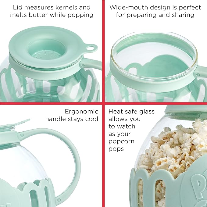 Ecolution Patented Micro-Pop Microwave Popcorn Popper with Temperature Safe Glass, 3-in-1 Lid Measures Kernels and Melts Butter, Made Without BPA, Dishwasher Safe, 1.5-Quart, Aqua
