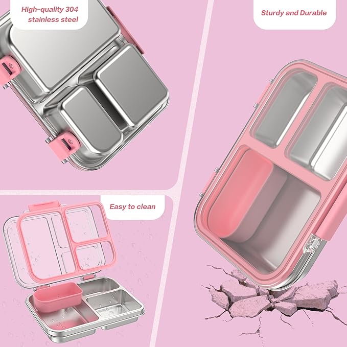 Stainless Steel Bento Box for Kids, 3-Compartment Metal Lunch Box with Clear Lid & Removable Silicone, Lunch Box Kids with Silicone Inner Container for Meal Prep, School, Office (Pink)