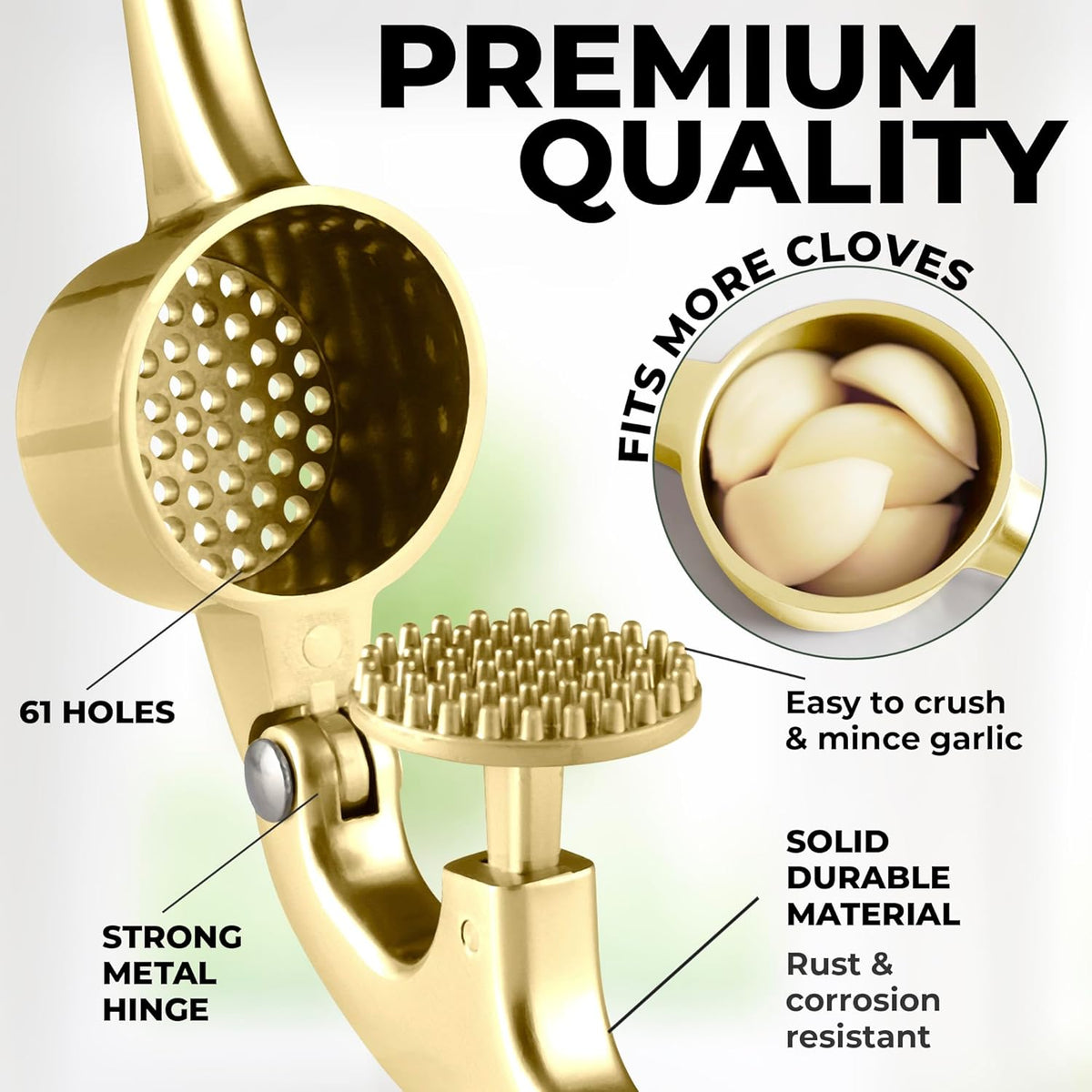 Zulay Kitchen Large Premium Garlic Press Set - Bigger Bowl for Bigger Garlic - Rust Proof & Dishwasher Safe Garlic Mincer Tool - Easy-Squeeze, Easy-Clean Silicone Garlic Peeler & Brush (Gold)