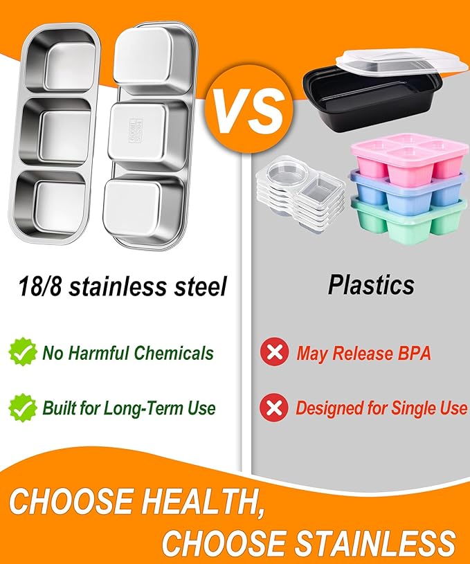 KTKUDY 3 Pack Stainless Steel Snack Containers for Kids & Adults - Large - Leak-Proof 3-Compartment Stackable Snack Lunch Boxes for Daycare, School, Work & Travel