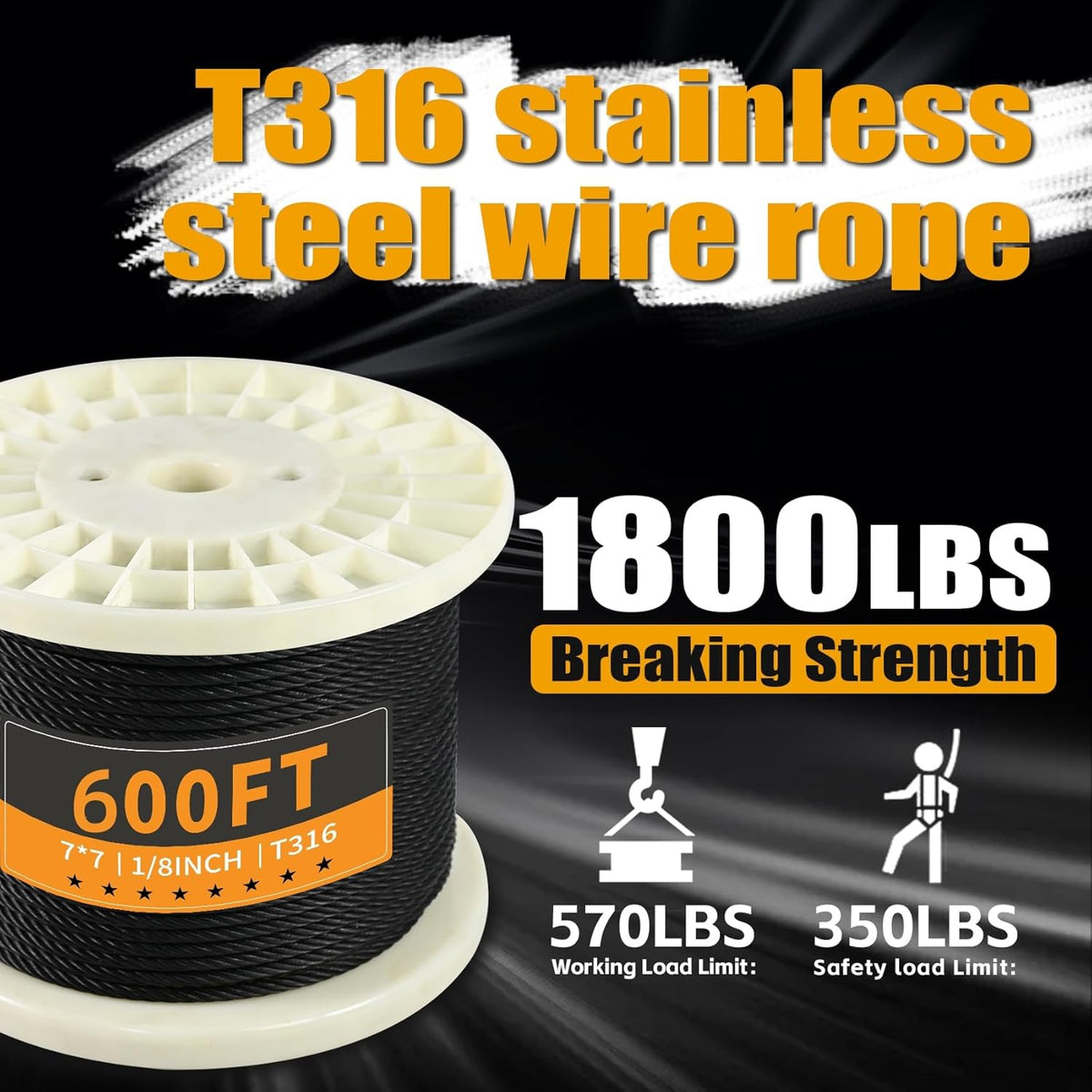 600FT 1/8" Stainless Steel Cable Black, Wire Rope with Cable Cutter, 7x7 Strands,1800lbs Breaking Strength, Aircraft Cable Rope for Deck Cable Railing, Stair, Fence, DIY Balustrades