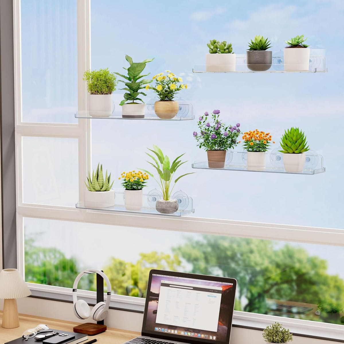 Lifewit Window Plant Floating Shelves 15 x 4 inch, 2 Pack Acrylic Suction Cup Shelf, Window Sill Extender for Indoor Succulent Plants, Micro Greens, Seed Starter Pots, Herb Planters