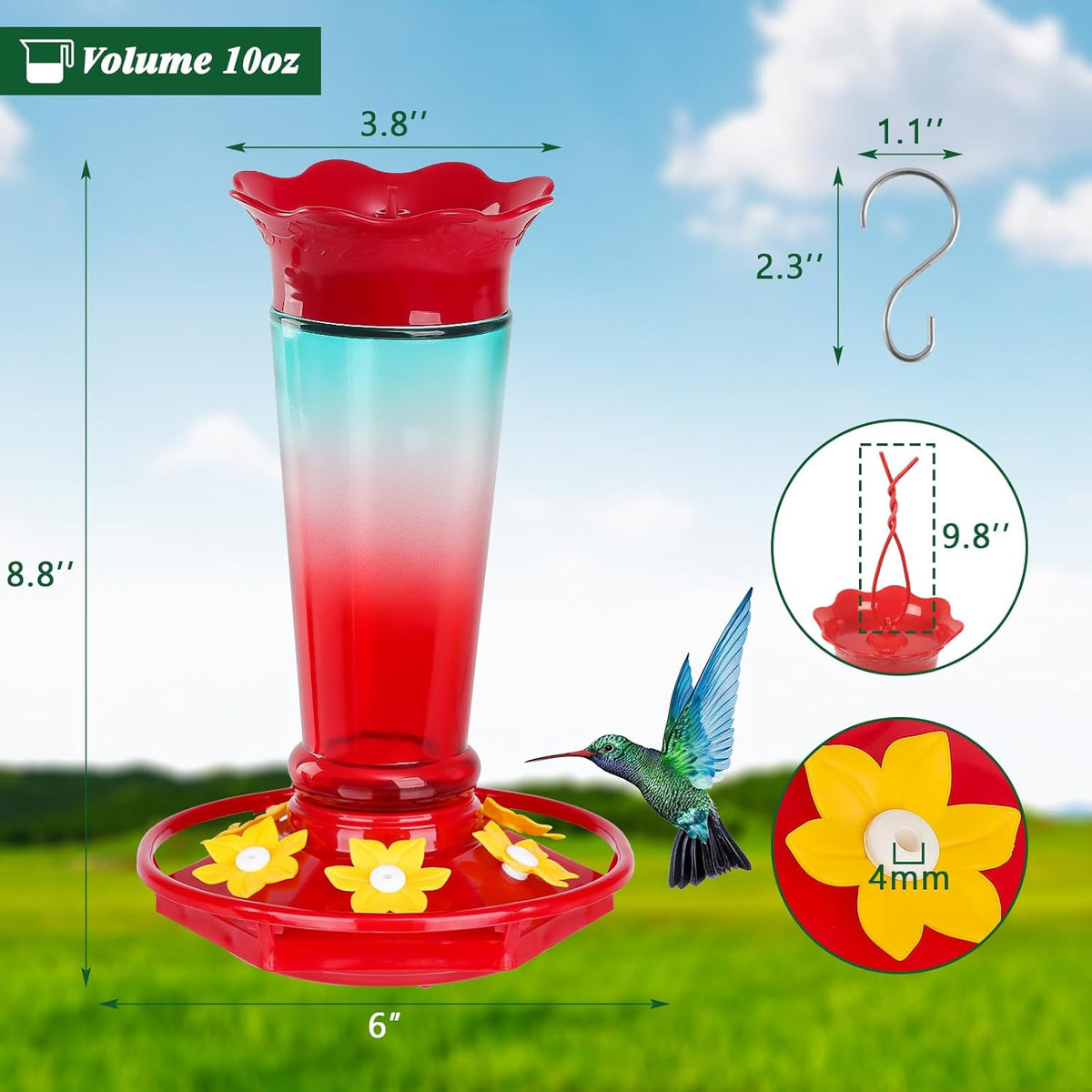 Glass Hummingbird Feeders for Outdoors Hanging Ant and Bee Proof Red & Blue 10OZ 2Pack Bird Feeders for Outside Hanging 6 Feeding Stations Bird Nectar Feeder for Garden Yard Décor Gift for Mom