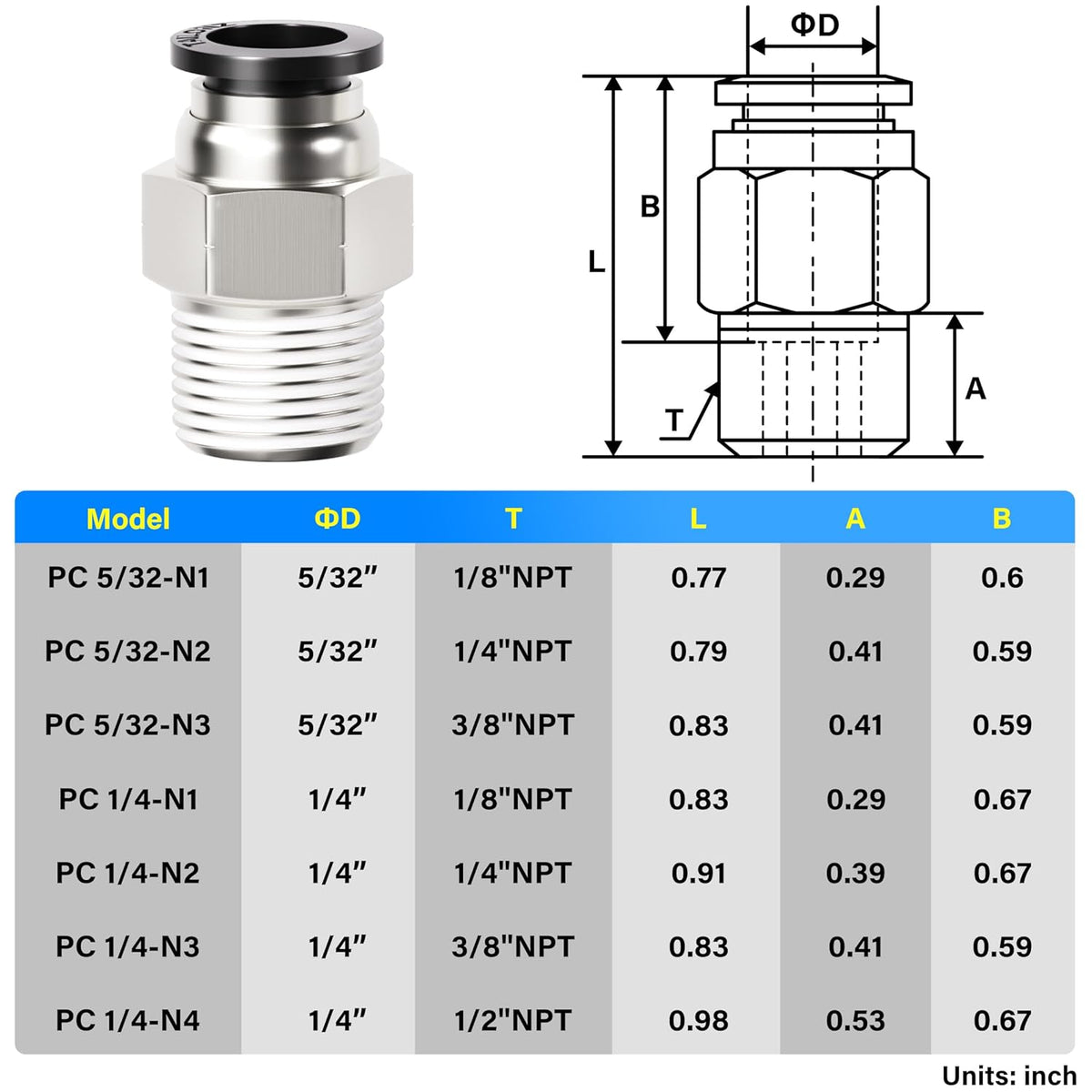 TAILONZ PNEUMATIC Elbow and Straight Combination 5/32 Inch Tube OD x 1/8 Inch NPT Thread Push to Connect Fittings PC-5/32-N1+PL-5/32-N1(Pack of 12)