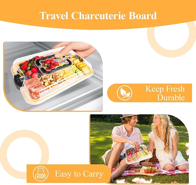 Bamboo Charcuterie Board 1-Compartment with Locking Lid, Ergonomic Handle & Knives Set - Portable Food/Cheese Serving Tray, Reversible Cutting Board for Picnic, Party & Gatherings (Pack of 12)