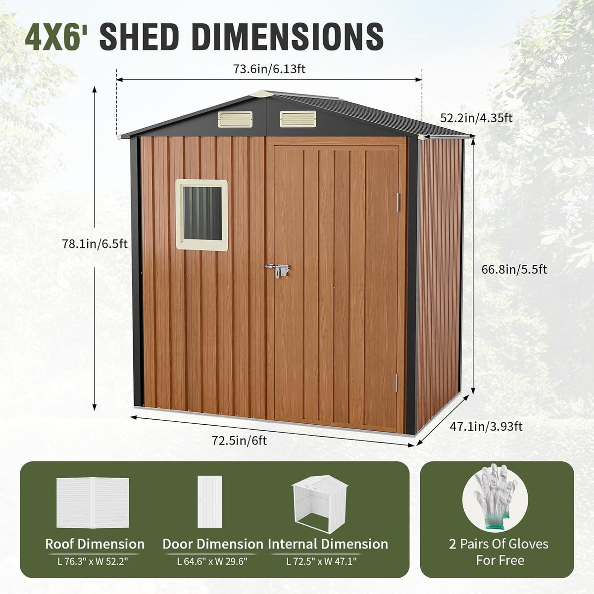 Outdoor Storage Shed 6x4 Ft, Lockable Metal Garden Shed with Window, Tool Shed Tiny House Vertical Outside Storage Building for Backyard, Lawn, Patio, Bike