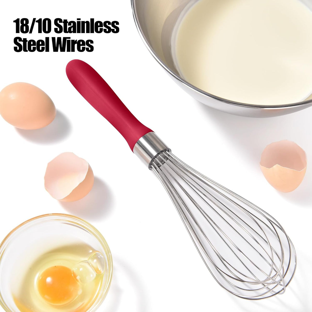 18/8 Stainless Steel Balloon Whisk, Doosu Kitchen Whisk for Cooking Handheld Egg Beater with Rust-Proof Sturdy Wires & Non-Slip Silicone Handle for Beating, Stirring, Blending (8 Wires, Red)