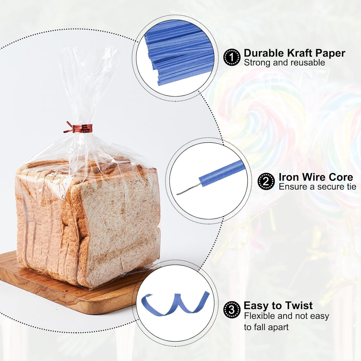 HARFINGTON 1000pcs Bag Twist Ties 3.5" Reusable Kraft Paper Twist Ties Wire Cable Ties for Party Bread Candy Cake, Blue