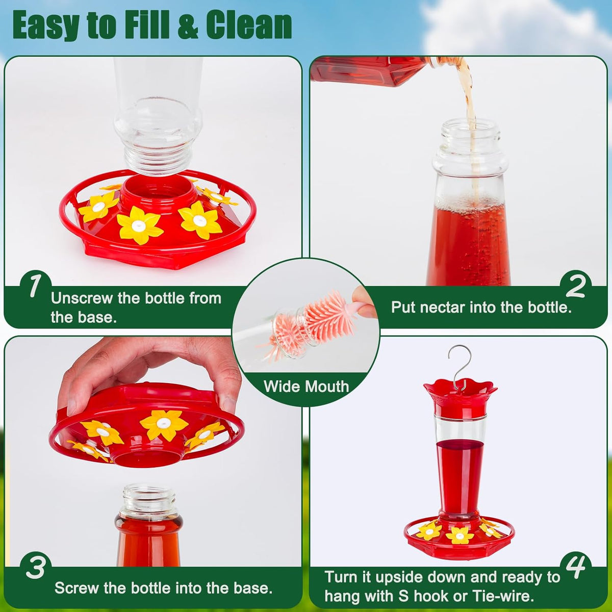 Glass Hummingbird Feeders for Outdoors Hanging Ant and Bee Proof Clear 10 OZ 2 Pack Bird Feeders for Outside Hanging 6 Feeding Stations Bird Nectar Feeder for Garden Yard Décor Gifts for Mom