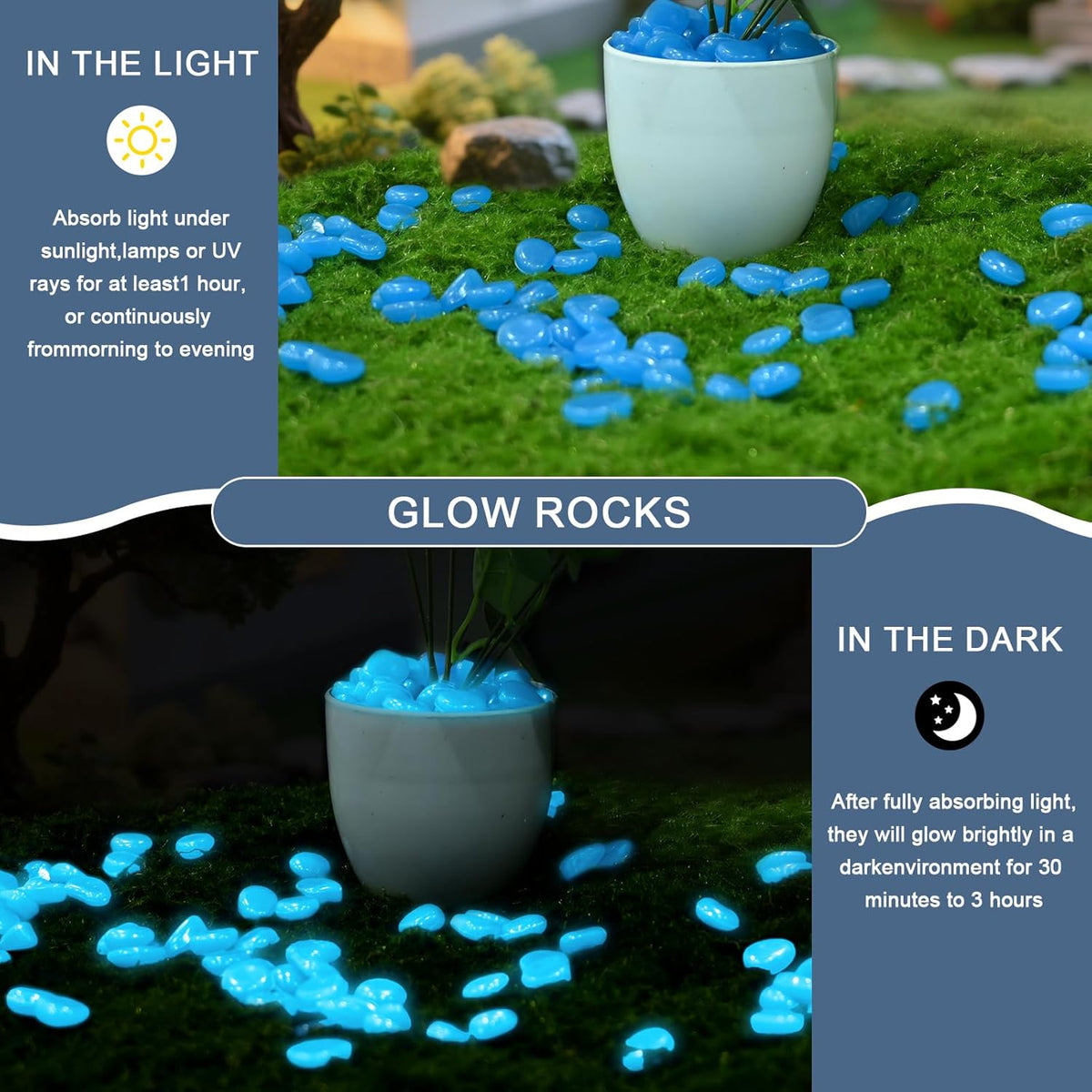 Oubest Glow in The Dark Rocks for Outdoor Landscaping Garden Stones, 0.8 Inch White Glow Pebbles Luminous Stones Decorative Rocks for Vases Pathway Walkway Yard Patio Fountain Driveway, 150PCS, White