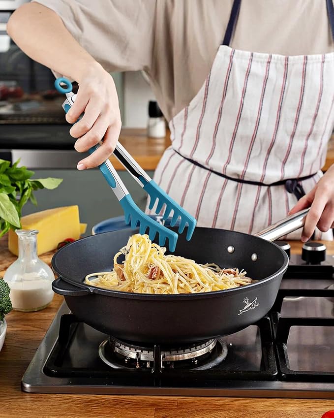 Silicone Spaghetti Spoon & Pasta Tong, Non-Stick Stainless Steel Handle Pasta Fork Set with Teeth, Food Clip for Easy Serving of Noodles (Blue)