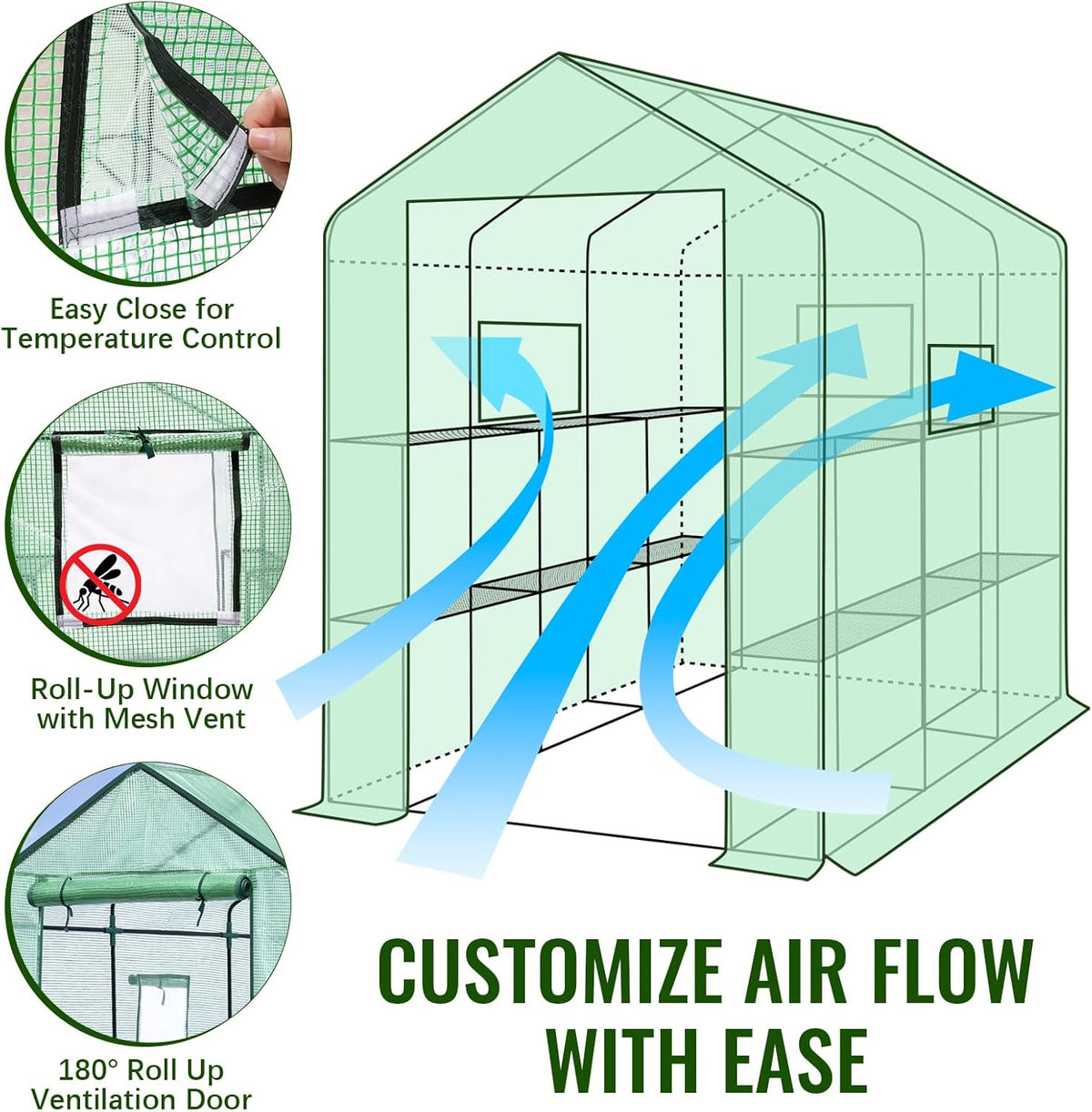 Greengro Greenhouse, 57 x 85 x 76'' Greenhouses for Outdoors, Portable Greenhouse Kit with Mesh Side Windows, PE Cover, 8 Shelves, Heavy Duty Walk in Green House for Backyard Garden Indoor Outside