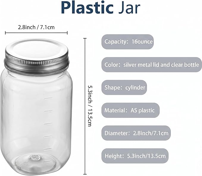 novelinks 16 oz Clear Plastic Jars with Lids, Refillable 16oz Mason Jars with Lids & Storage Containers for Kitchen & Household Use (24 Pack,Silver)