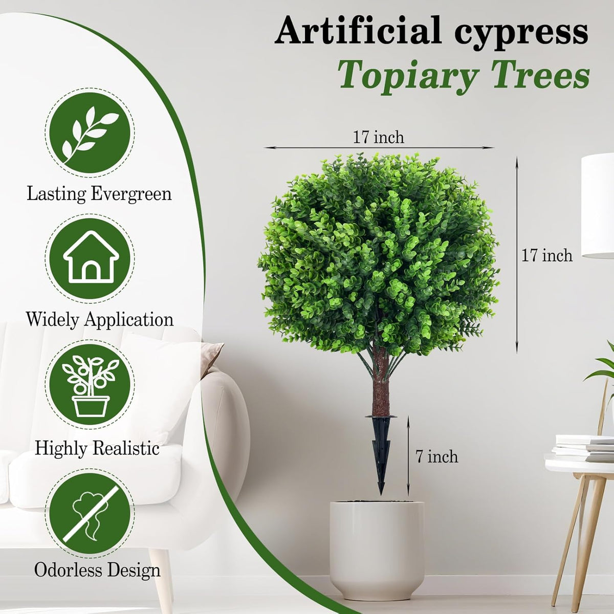 Artificial Topiary Tree with Eucalyptus, Set of 2 UV Resistant 17in Miniature Trees, Outdoor for Porch, Fake Bonsai Topiaries, Greenery Balls, Faux Shrubs for Planters, Curb Appeal Decor