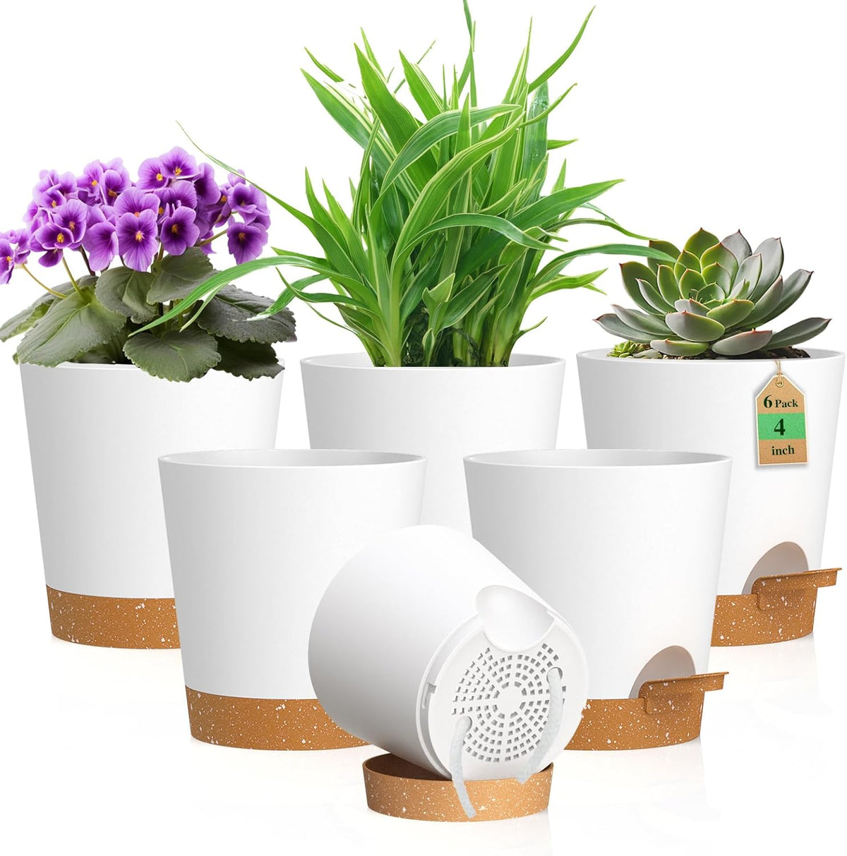 4 inch Self Watering Pots for Indoor Outdoor Plants, 6 Pack Plastic Flower Planters with Drainage Holes and Removable Saucers, Plant Pots with Wicking Rope, Modern Decor, White Brown