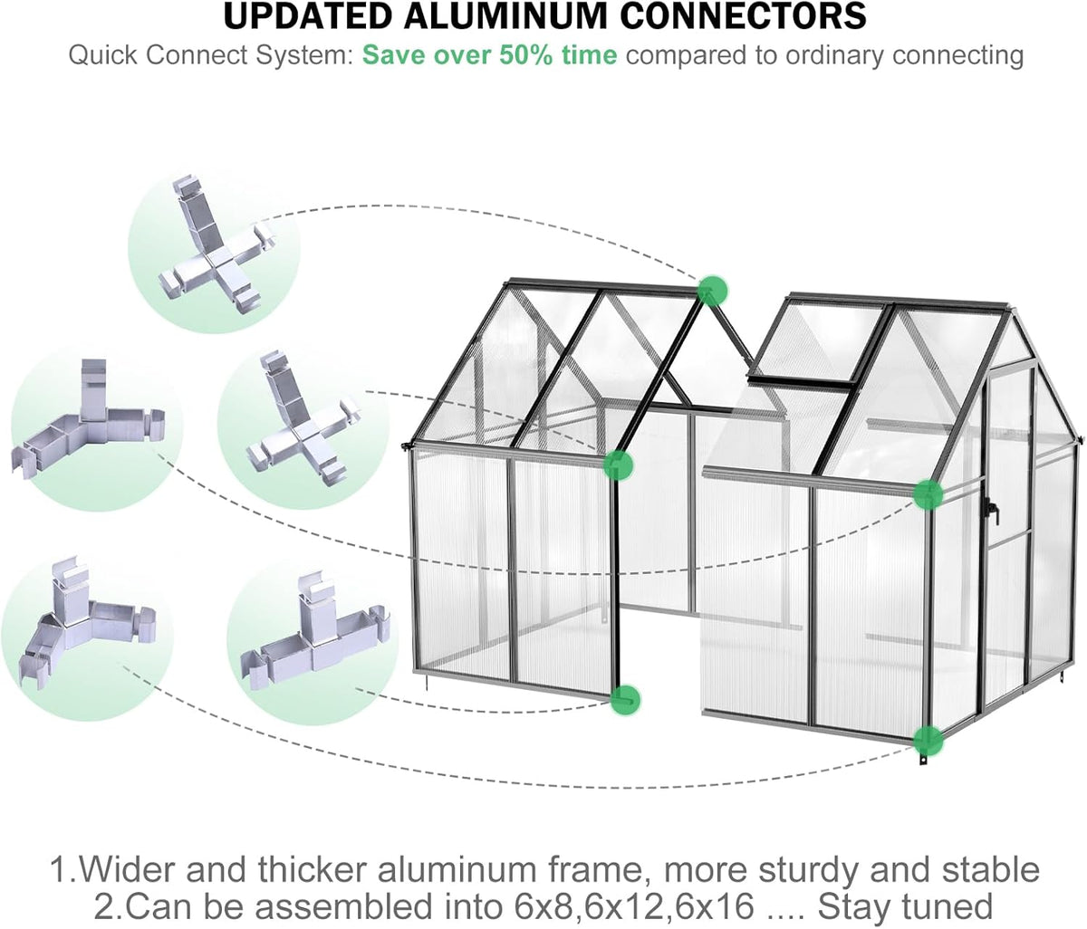 Polycarbonate Greenhouse, 8.2x6.2 FT Easy Assembly Aluminum Heavy Duty Greenhouses for Outdoors w/ Window, Swing Door, Walk-in Green House for Sunroom,Outside, Backyard, Garden, Black
