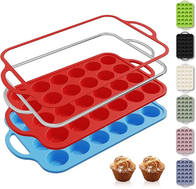 2 Packs 24 Cups Silicone Muffin Pan with Metal Reinforced Frame Mini Size Cupcake Pan Tray Egg Bites Silicone Circle Cookie Molds Muffin Tin Tart Pans Baking Sheet Set for Breakfast Sandwiches