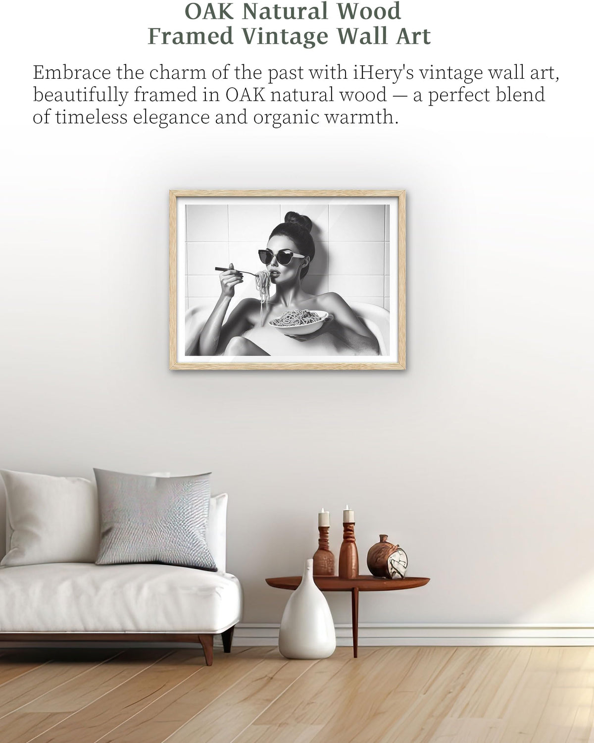12x16in Natural OAK Wood Framed Woman Eating Pasta Wall Art